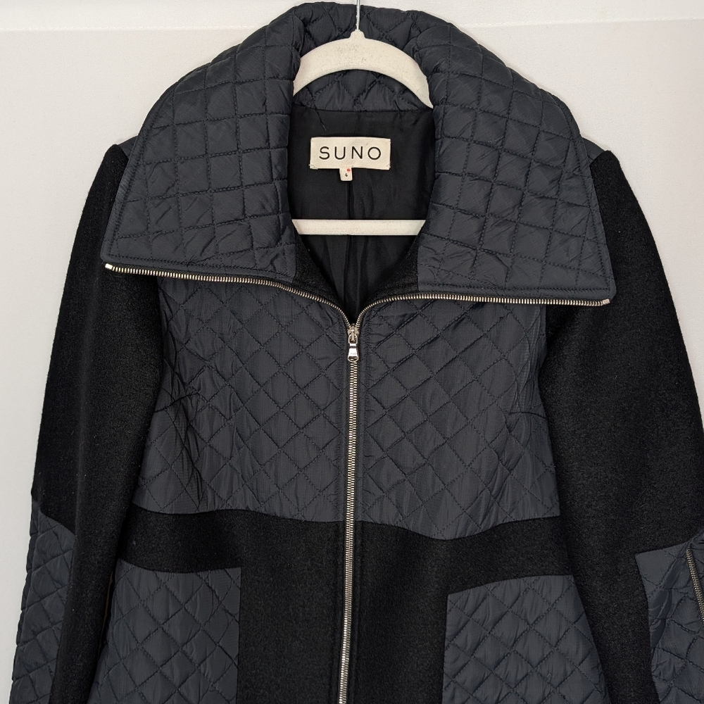 SUNO sz. 4 100% Wool 100% Silk Lined Coat Black Quilted Mixed Media Zip Front - Picture 4 of 13